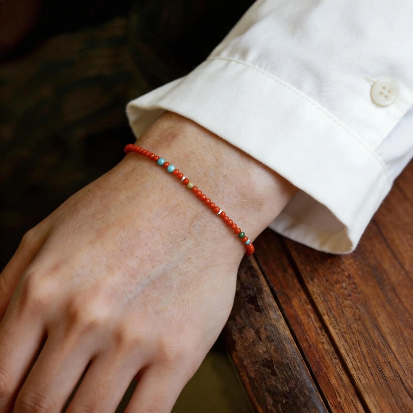 Original Nan Hong grade tiny millet beads 2mm bracelet with multi-treasure turquoise and silver persimmon red stackable