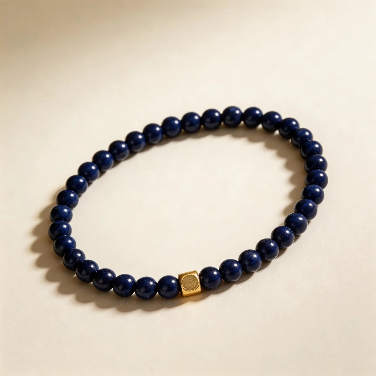Himalayan Royal Lapis Lazuli Bead Bracelet – Matte Gold Cube Accent (4mm)