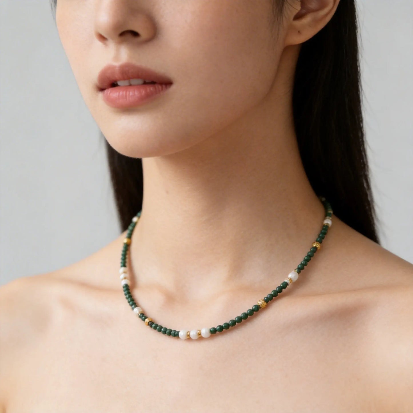 Natural Pearl Green Malachite Necklace for Women Collarbone Chain