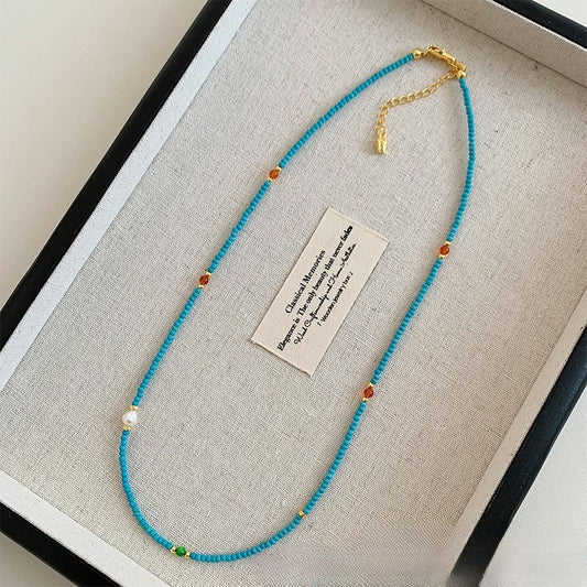 Fine Seed Bead Pearl & Turquoise Necklace Light Luxury · Natural Harmony · Modern Grace