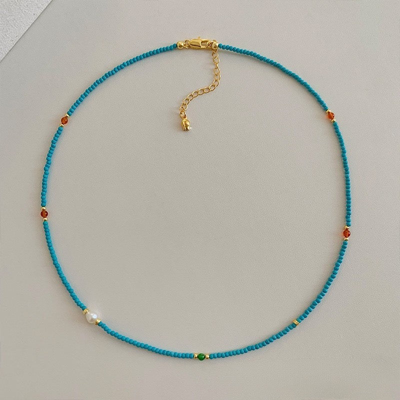 Fine Seed Bead Pearl & Turquoise Necklace Light Luxury · Natural Harmony · Modern Grace