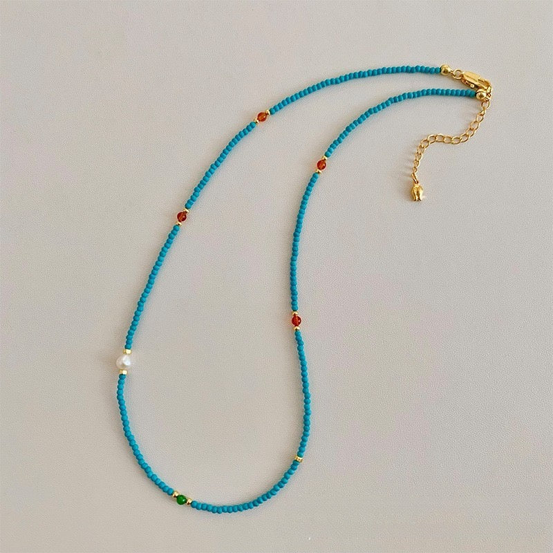 Fine Seed Bead Pearl & Turquoise Necklace Light Luxury · Natural Harmony · Modern Grace