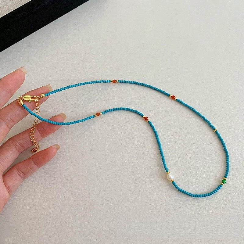 Fine Seed Bead Pearl & Turquoise Necklace Light Luxury · Natural Harmony · Modern Grace