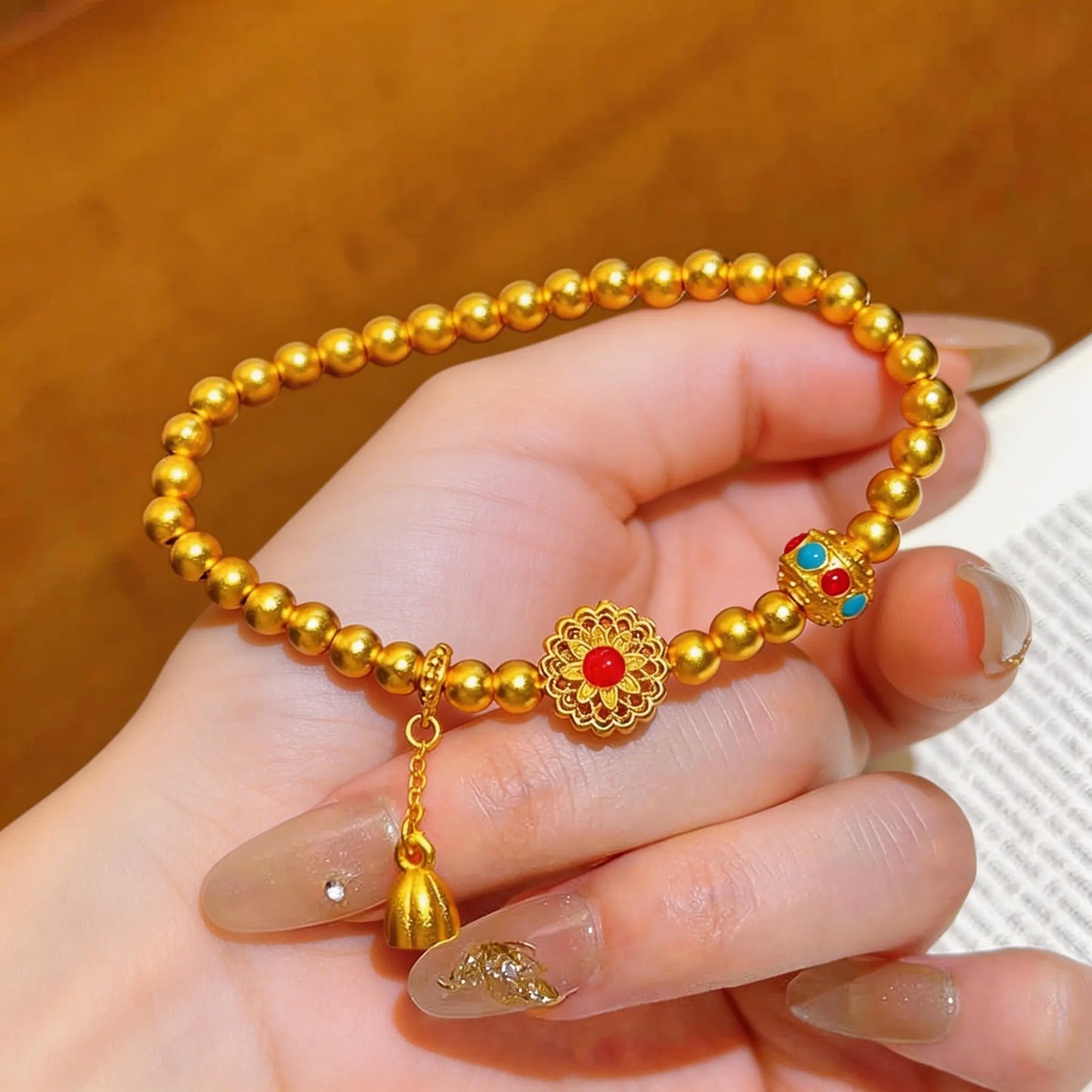 Traditional Sand Gold Enamel Red Ruby Bracelet with Lotus Pod Tassel Bracelet