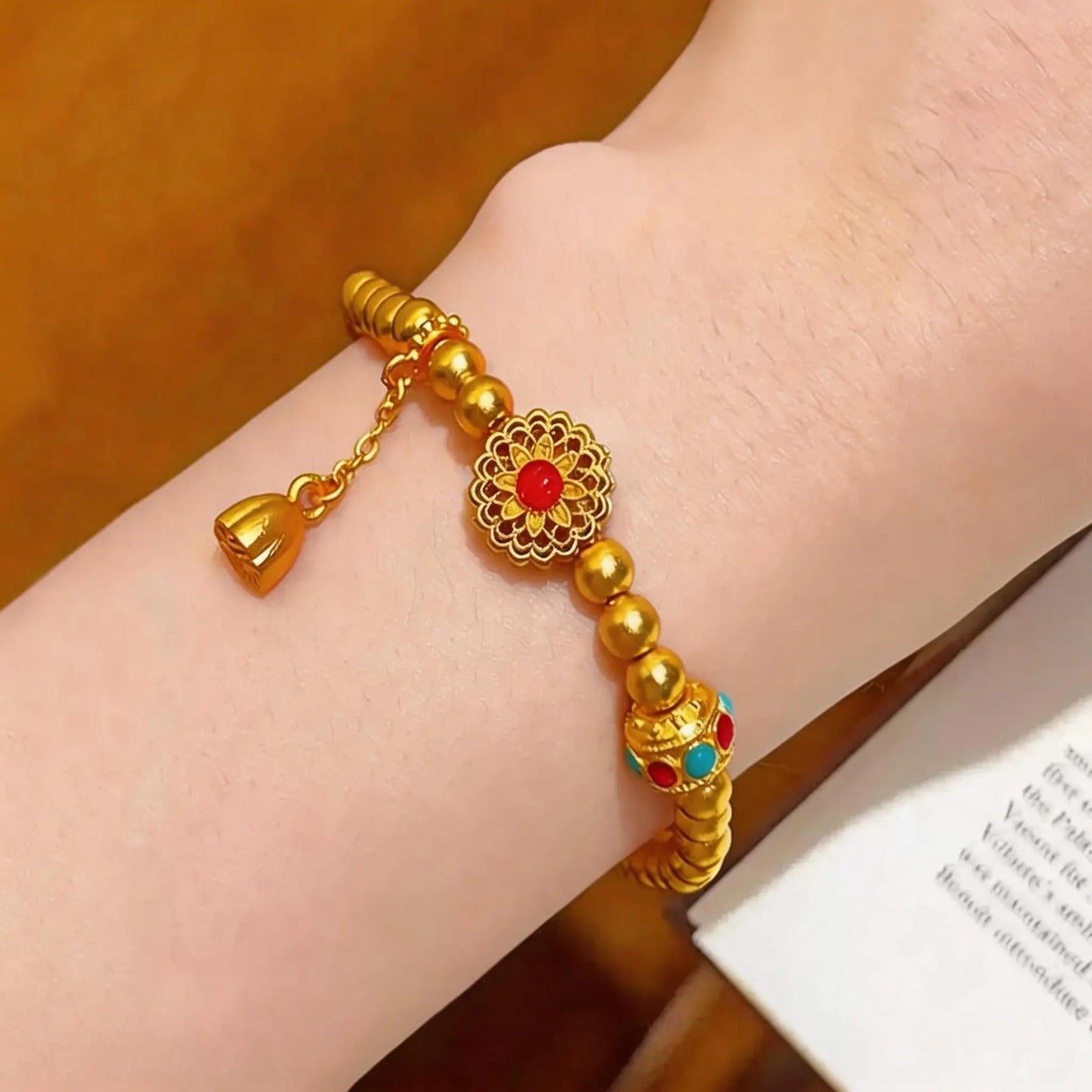 Traditional Sand Gold Enamel Red Ruby Bracelet with Lotus Pod Tassel Bracelet