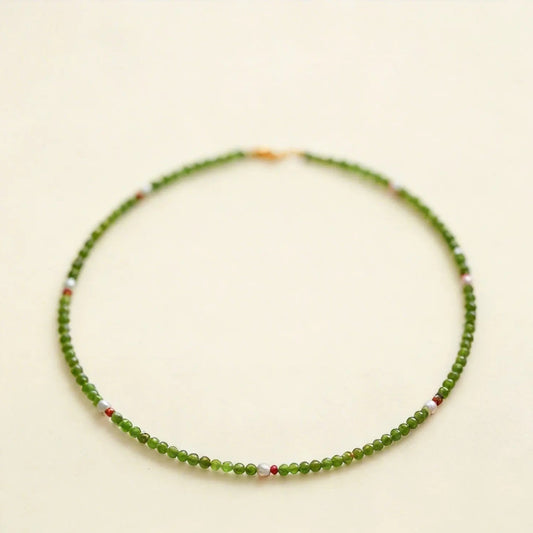 Himalayan Petite Peridot & Freshwater Pearl Necklace – Olive Green Gemstone Strand with Red Agate Accents